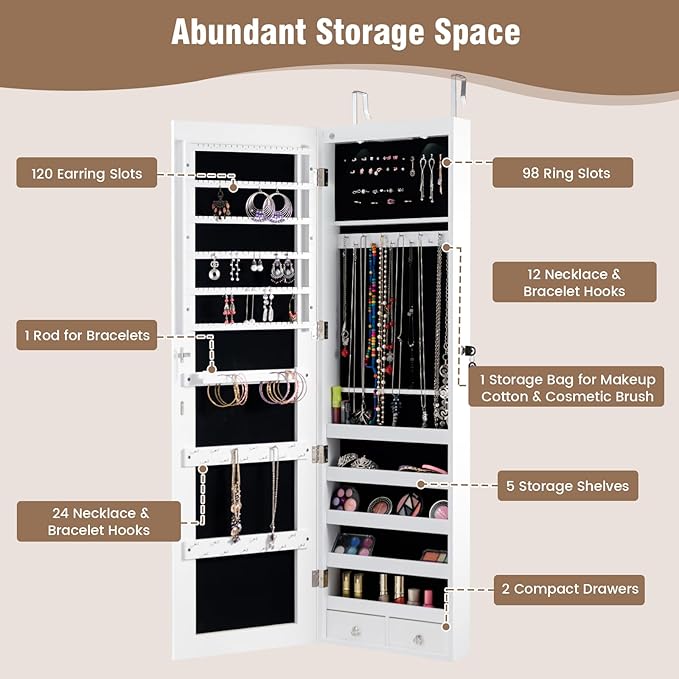 HAPPYGRILL Over the Door Jewelry Organizer, Hanging Jewelry Storage Cabinet w/Full-Length, Inner Makeup Mirror, Earring Shelves, Ring Slots, 25 Necklace Hooks, Wall Mounted Jewelry Armoire for Women