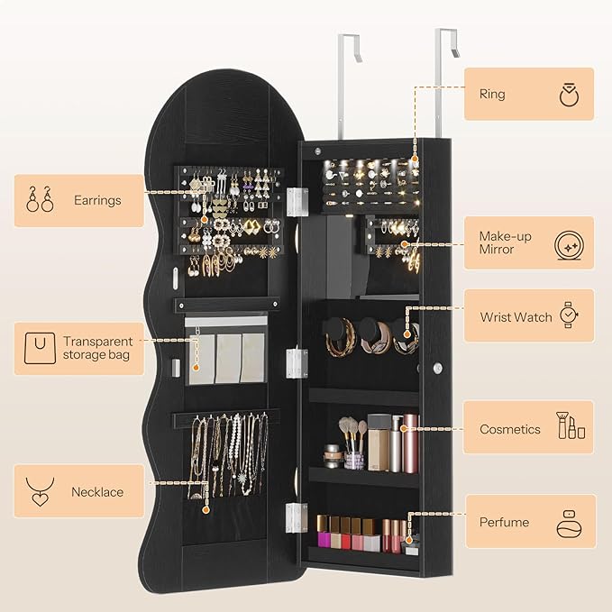 HOOBRO LED Mirror Jewelry Cabinet, Wall/Door Mounted Jewelry Organizer, Jewelry Aromire with Wavy Mirror Full Length, Lockable Cosmetics Storage Cabinet, Interior Mirror, 16.5" x 4.1" x 43.3", Black