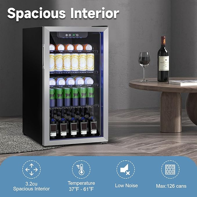 Stopasd Beverage Refrigerator Cooler, 3.2 Cu.Ft/126 Can Drink Fridge with Adjustable Shelves & Glass Door for Soda Wine Beer, Quiet Undercounter Small Fridge for Home/Office/Bar/Garage(37-61 ℉),Sliver