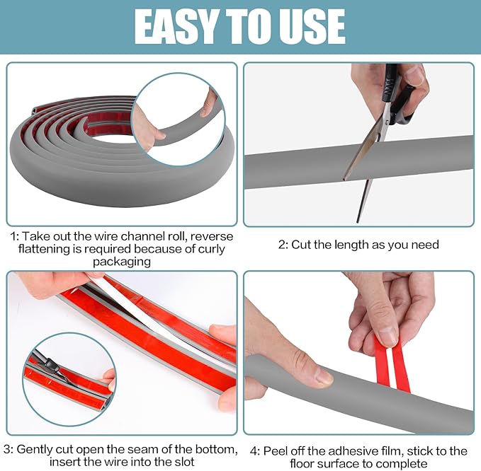 Floor Cord Cover Self Adhesive Cord Hider,3.3FT Cable Management, Extension Strip Protector for Wires, Prevent Cable Trips for Offices, Gyms, Exhibitions Cavity:0.51"(W) x 0.3"(H) Gray