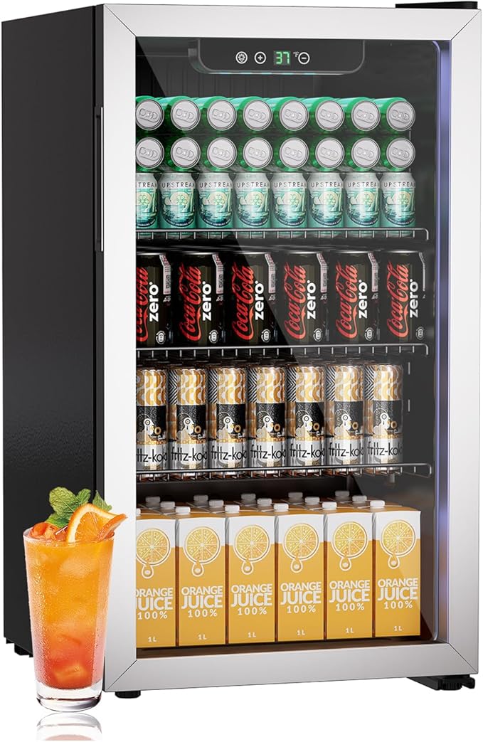 Beverage Refrigerator Cooler, 105 Can/3.0 Cubic Feet Mini Fridge with Glass Front Door, Digital Display Small Refrigerator with Adjustable Shelves for Soda, Beer or Wine