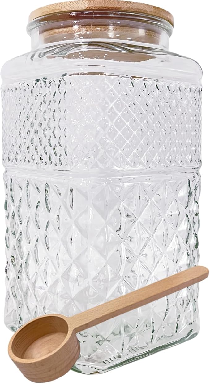 Viovian 1 Gallon Glass Jar with Lid Spoon 120 OZ Square Wide Mouth Glass Storage Jars Airtight Large Vintage Canister Container for Candy Cookie Sugar Coffee Tea Nuts Flour Dog Treat Laundry Pods