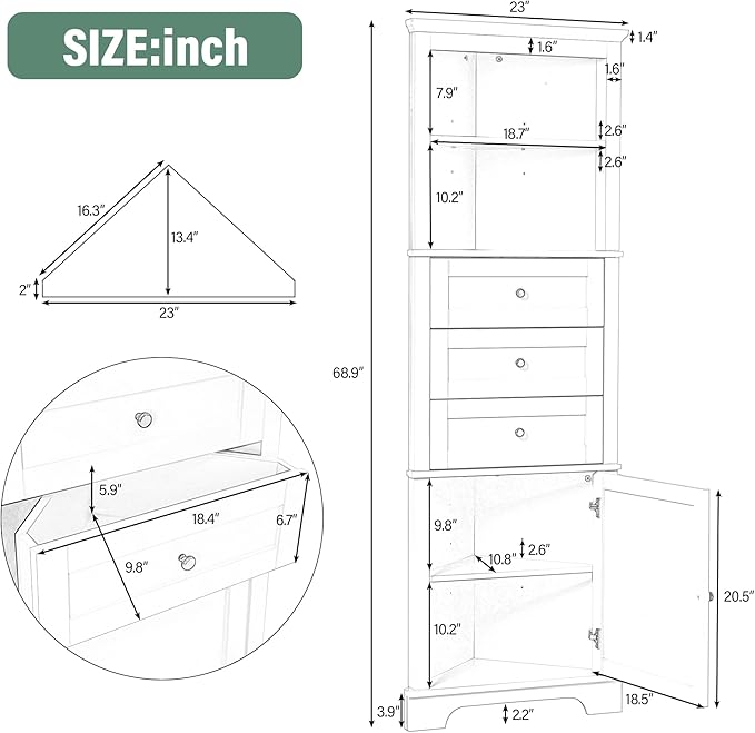 68.9" Tall Triangle Corner Cabinet with 3 Drawers & Adjustable Shelf, Freestanding Storage Cabinet,Water-Resistant, Anti-Tip Design,Space-Saving Organizer for Bathroom, Kitchen, Living Room, Green