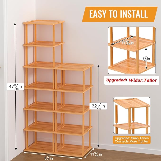 Bamboo Free Standing Shoe Rack Shelf Multi Tier Tall Wooden Stackable Shoes Rack Organizer for Closet Front Door Entrance Narrow Vertical Shoe Storage Rack for Corner Stand (Nature, 12 Tiers)