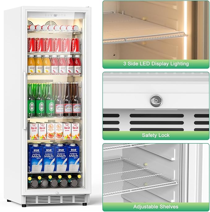 Commercial Merchandiser Refrigerator, 13.8 Cu Ft Display Beverage Fridge with Glass Door Upright Cooler with LED Light Low Noise, Fast Cooling for Shop, Restaurant, Office (White)