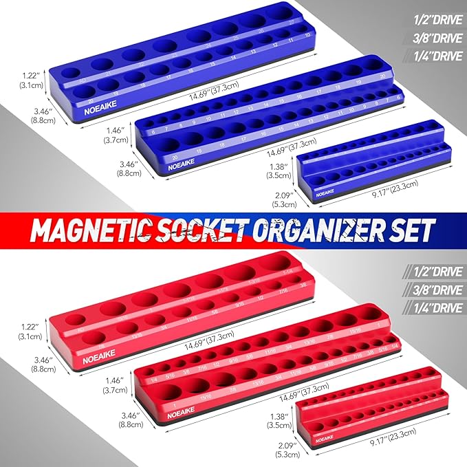 Magnetic Socket Organizer, 4-Pack Metric SAE Holder Set 1/4", 3/8" Drive Socket Trays, Holds 108 Pcs Standard and Deep Size Sockets(Socket not Included)