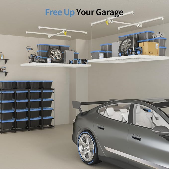 Overhead Garage Storage Rack – 4x8 FT Garage Ceiling Storage Racks with Safety Lock, Heavy-Duty Ceiling Mounted Lift System and Storage Organizer, Ideal for Maximizing Overhead Space, 325 lbs Capacity