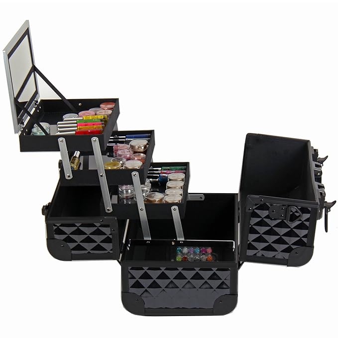 SHANY Premier Fantasy Professional Makeup Train Case Cosmetic Box Portable Make up Case Organizer Jewelry storage with Locks, 3 Trays, Makeup Brush Holder and Cosmetics Mirror - Black Diamond