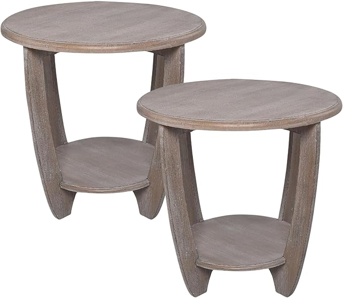 COZAYH Set of 2 Rustic Farmhouse End Tables with Storage Shelf, French Country Modern Round Accent Side Table for Small Spaces, Vintage Grey Finish