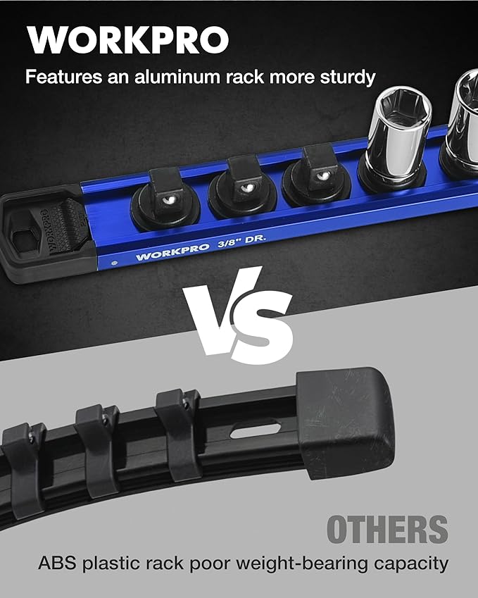 WORKPRO Magnetic Socket Organizer, 3/8" Drive Aluminum Alloy Socket Holder, Heavy Duty Socket Rail with 10 PC Removable Socket Clips, Socket Organizer Tray for Tool Box Drawer (Sockets Not Included)