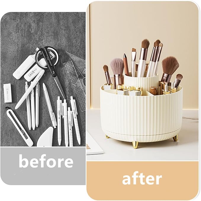 360 Degree Rotating Makeup Brush Holder Organizer Detachable Design 5 Slot Make up Brushes Cup for Cosmetics and Pencil Pen Organizer for Desk Makeup Organizer Skincare Storage for Vanity（Cream）