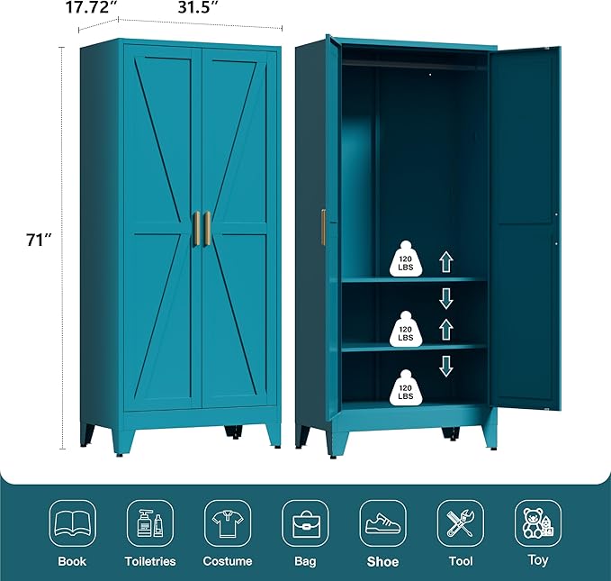 71" Tall Metal Wardrobe Closet with Adjustable Shelves and Hanging Rod, 2 Doors Free Standing Armoire Wardrobe Cabinet for Bedroom, Office, Laundry Room, Blue