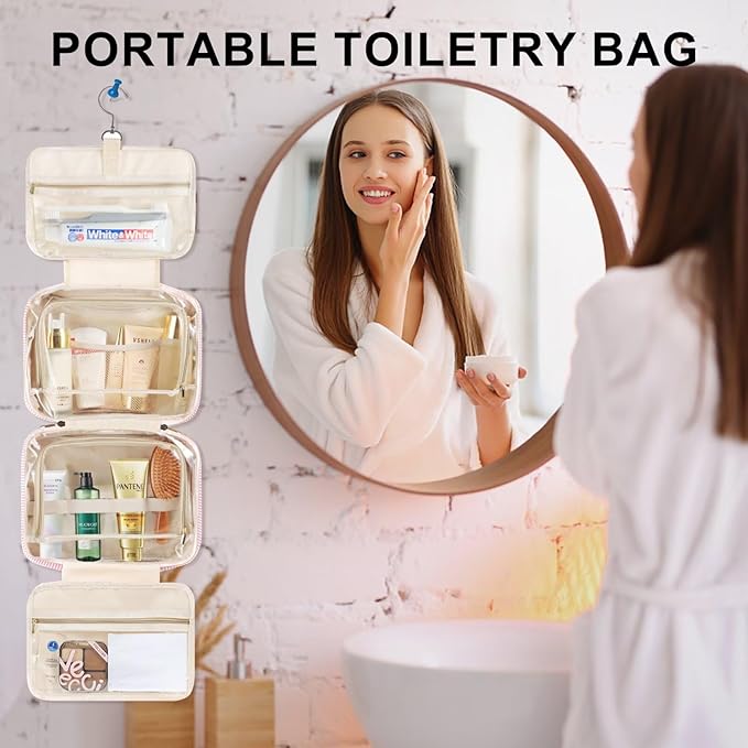 TOPEAST Hanging Toiletry Bag for Women - Travel Toiletry Bag Makeup Bag, Portable Toiletries Cosmetic Bag, Airplane Travel Essentials - Letter T, Pink