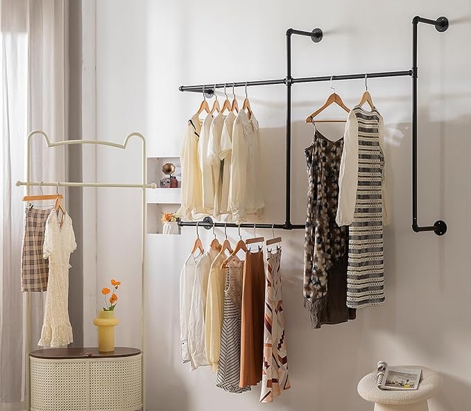 Industrial Pipe Clothing Rack Heavy Duty Wall Mounted Clothes Rack,Pipe Garment Rack Rail,Indoor Detachable Multi-Purpose Clothing Hanging Rod/Garment Bar, Black (3 hanging rods wall garment rack)