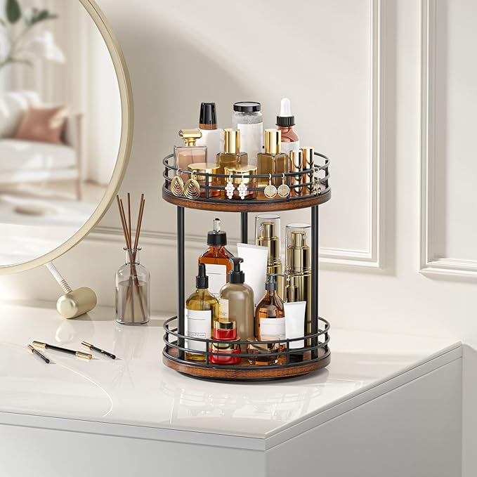 Bathroom Organizer Countertop,2 Tier Rotating Makeup Organizer Countertop for Vanity,Wooden Bathroom Counter Storage Shelf,Vanity Tray for Perfume,Skincare,Cosmetic