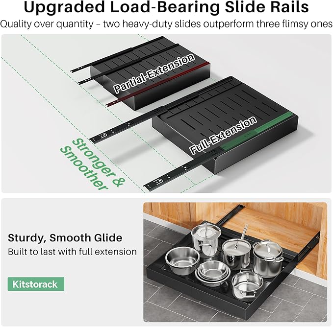 Pull out Cabinet Organizer, Expandable(12"-20") Heavy Duty Slide out Drawer Fixed with Adhesive Nano Film for Pots, Roll out Shelf Storage for Kitchen Base Cabinet Organization, Pantry, Bathroom