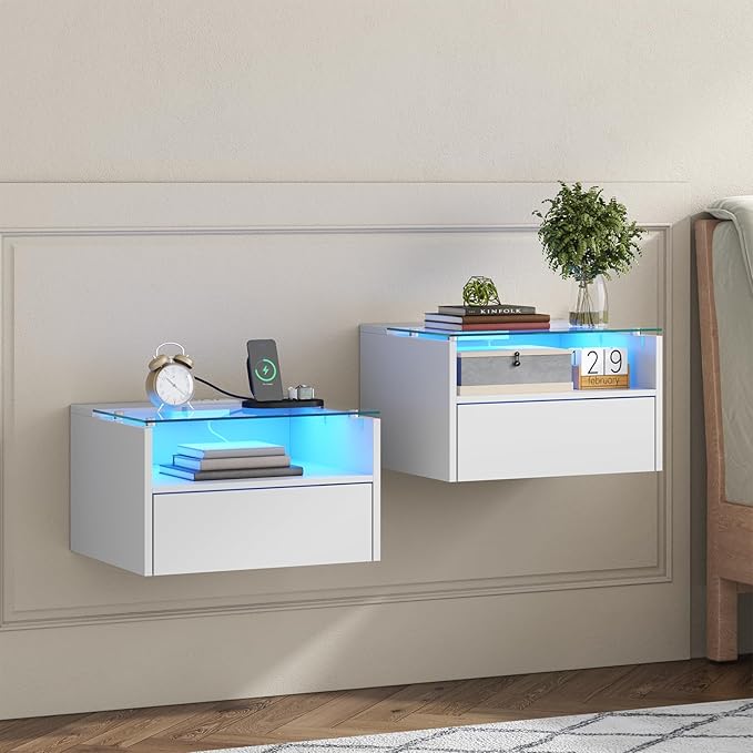 Loomie White Floating Nightstands Set of 2, 18.9” Bedside Table w/Charging Station and LED Light, Floating Shelf with Drawer, Wall Mounted Night Stand for Bedroom, Entryway Wall.