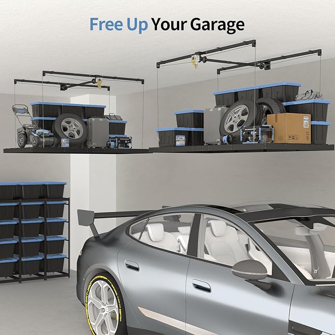 Overhead Garage Storage Rack – 4x8 FT Garage Ceiling Storage Racks with Safety Lock, Heavy-Duty Ceiling Mounted Lift System and Storage Organizer, Ideal for Maximizing Overhead Space, 325 lbs Capacity
