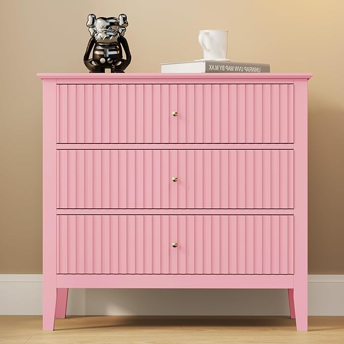 RoyalCraft Fluted 32 inch Wide Nightstand Set of 2, Large Pink Nightstand with 3 Drawer, Modern End Table, Wood Beside Table for Home and Office