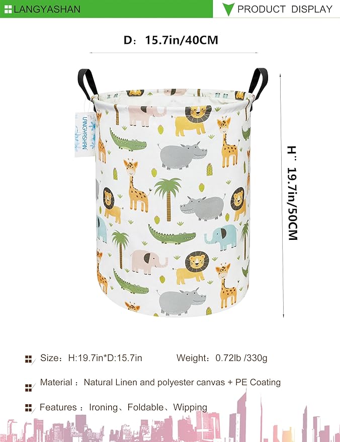 LANGYASHAN Laundry Basket Canvas Fabric Collapsible Organizer Basket for Storage Bin Toy Bins Gift Baskets Bedroom Clothes Children Nursery Hamper (Animal)