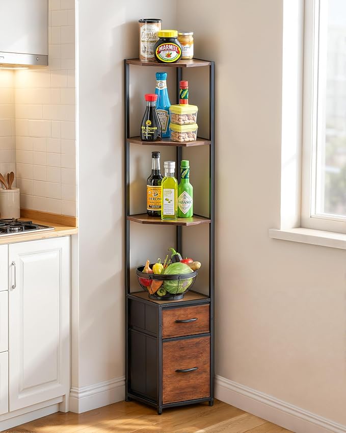 Housolution Corner Shelf Stand with Storage, 63.8'' Tall 6-Tier Corner Bookshelf Includes 2 Fabric Drawers, Freestanding Corners Storage Shelf for Living Room Bedroom Kitchen Bathroom (Black + Brown)