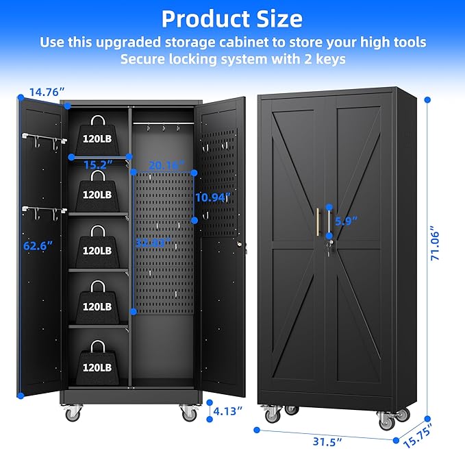 Black Broom Closet Storage Cabinet with Doors and 4 Shelves,Metal Cleaning Tool Cabinet with Pegboard,Hanging Rod for Brooms and Mops,Kitchen Pantry Storage Cabinet,Assembly Required