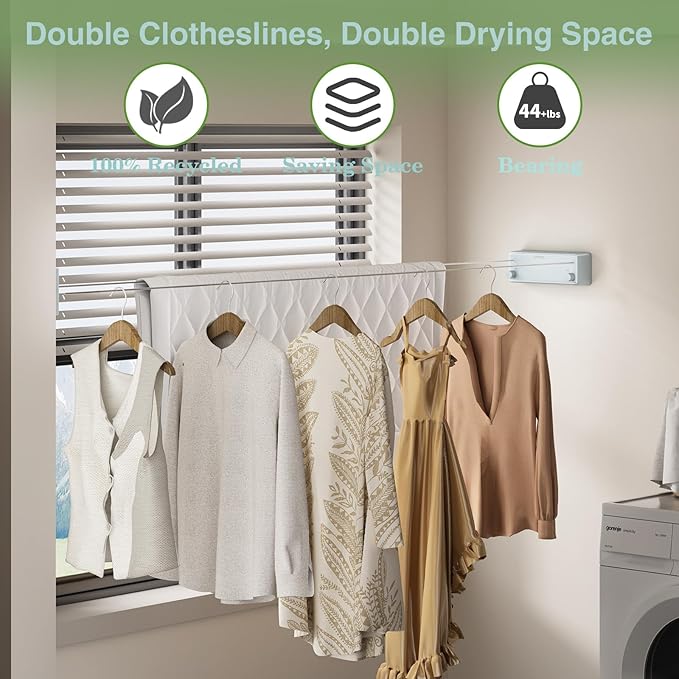 Danpoo Retractable Clothesline, 2x13.8ft 304 Stainless Steel Clothes Line for Indoors/Outdoors for Covered Balcony/Laundry Room Drying with Auto-Lock, Wall-Mounted, Heavy Duty(Silvery Blue)
