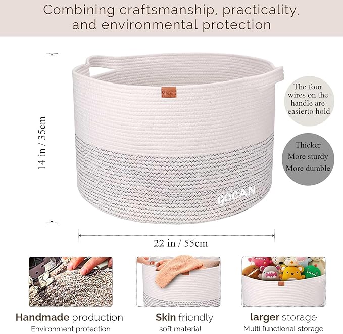 Extra Large Laundry Basket 22" X 22"X 14" XXXL Cotton Rope Woven Basket for Blankets Storage Basket with Handles for Living Room (Beige)