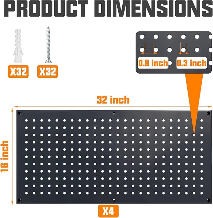Metal Pegboard Storage System, Garage Wall Organizer, Tool Storage Panels for Workbench (Black 31.5"x15.75"-4PCS)