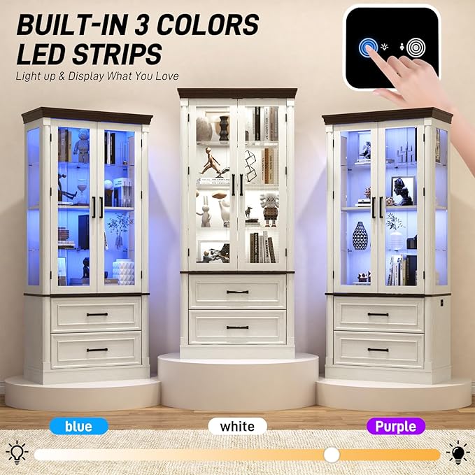 St.Mandyu 71" Tall Display Cabinet with Glass Doors, 4-Tier Lighted Curio Cabinets with 2 Storage Drawers and Metal Handle for Living Room, Home, Kitchen, White
