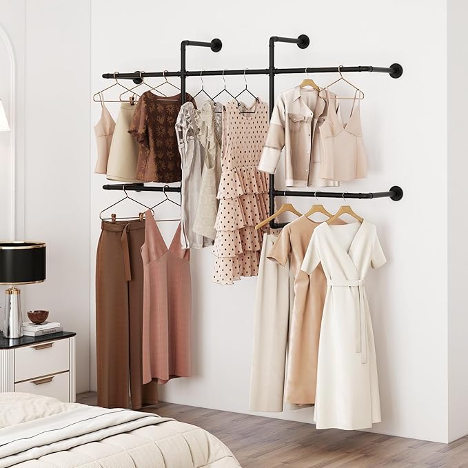 Industrial Pipe Clothing Racks with 5 Hanging Rods, Industrial Clothes Racks Wall Mounted, Heavy Duty Black Pipe Clothing Rack, Metal Closet Rods for Hanging Clothes