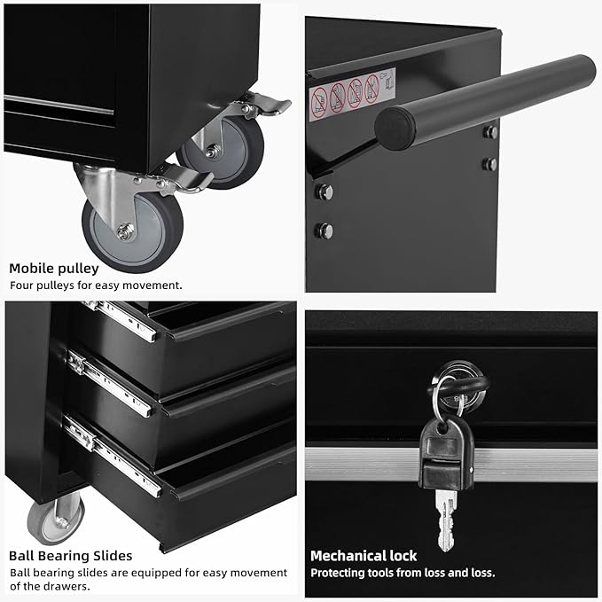 7-Drawer Rolling Tool Chest Cabinet, Large Capacity Metal Tool Box with Wheels and Cylinder Locking, Roll Around Storage Organizer Tool Cart for Garage, Warehouse, Work Shop - Black