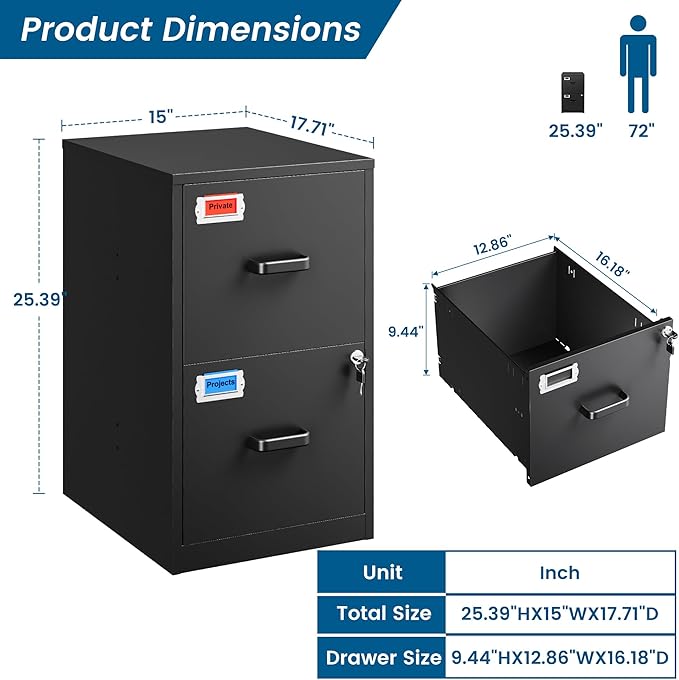 2 Drawer File Cabinet with Lock, 25.4" High Vertical Filing Cabinet, 17.7" Deep Metal Storage Cabinets for Home Office, Letter/Legal/A4/F4 Size, Black(Assemble Required)