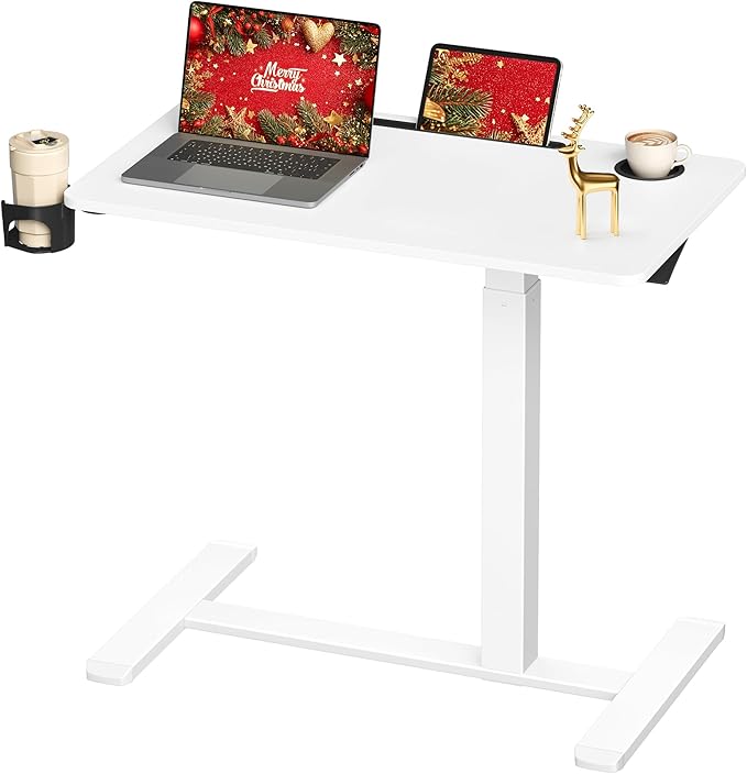 VASAGLE Overbed Table with Wheels, Mobile Standing Computer Desk, 31.5 x 17.7 Inches Tabletop, Adjustable Height, 2 Cup Holders, Phone and Tablet Slot, Cloud White ULSD601W01