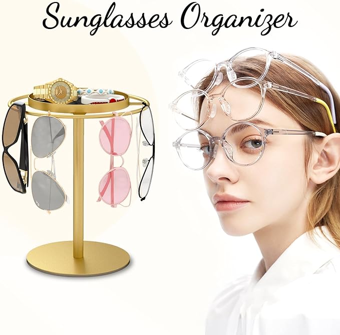LSK Metal Sunglasses Organizer, Glasses Holder Stand with Storgae Tray, Eyeglasses Holder with Anti-Slip Pads for Tabletop, Desk, Dresser, Gold