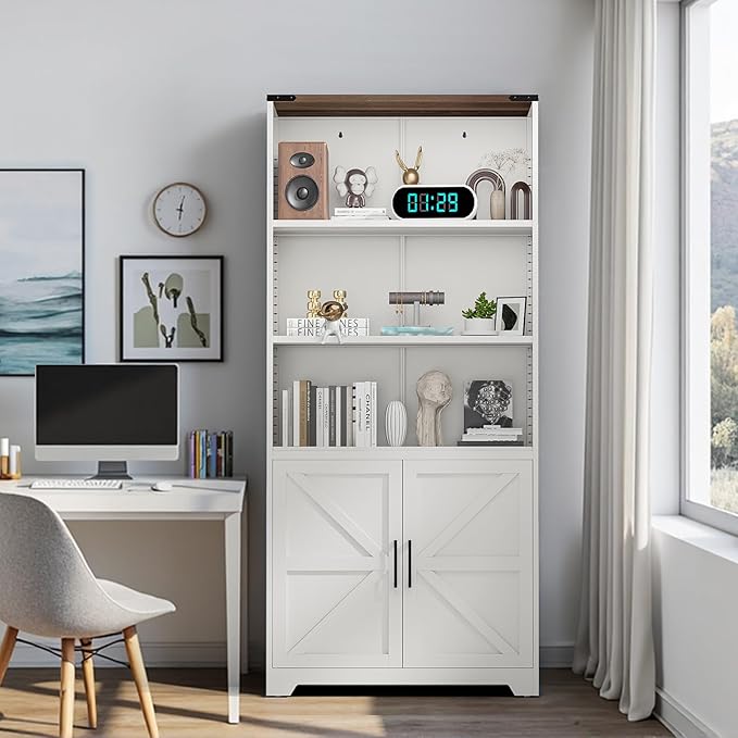 VINGLI Bookcase with Doors and Adjustable Shelves, Steel 70" Tall Bookshelf, 6-Tier Farmhouse Metal Storage Cabinet for Study, Living Room, Home Office, Kitchen Pantry, White Display Cabinet