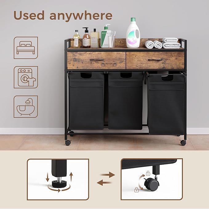 Laundry Hamper baskets 3 Section with 2 Drawers, 150L Laundry Sorter with Wheels Pull-Out Removable Laundry Bags, Rustic Brown and Black