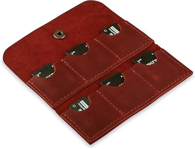 Cognac Leather SD Card Holder - Micro SD & Memory Card Organizer & Storage Case for Travel