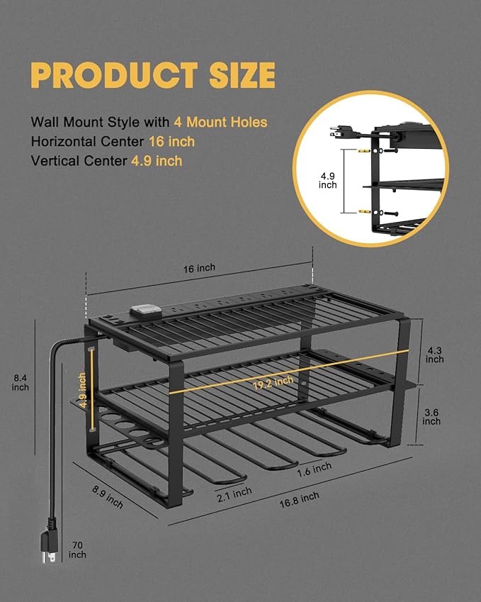 Wall Mount Power Tool Organizer and Charging Station - 6 AC Outlets, 3 Layers for Drills, Great as Heavy Duty Garage Tool Rack