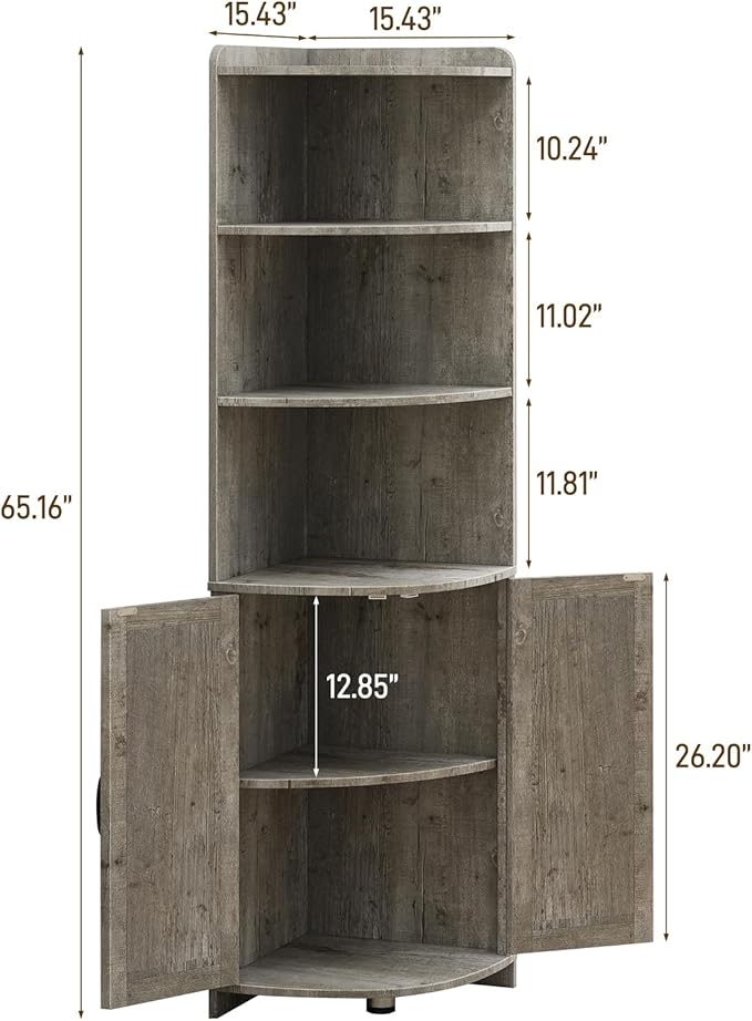 Vabches Tall Corner Cabinet, Farmhouse Corner Storage Shelf with 2 Doors and 6 Storage Shelves, Cabinet with Barn Door Design, Home Space Saver for Living Room, Kitchen, Bathroom, Grey