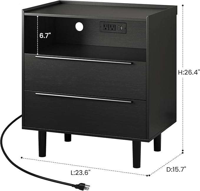 26" Tall Black Nightstand with Charging Station, 2 Drawer Contemporary Modern Bedside Table with Tray Top, USB Ports, Outlets & Open Shelf for Bedroom or Living Room