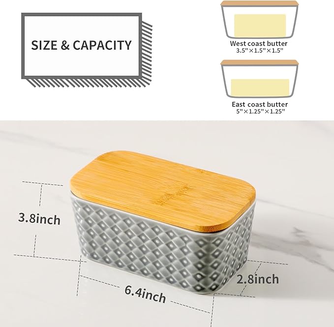 Hasense Ceramic Butter Dish with Wooden Lid, Large Butter Container for Countertop Airtight Butter Stick Covered Keeper,Grey Embossed Pattern,Easy Clean Dishwasher Safe
