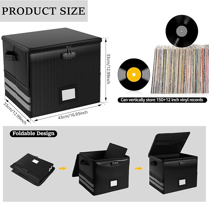 1/4 Pcs Vinyl Record Storage Box with Lid and Handles, Oxford Cloth Record Album Storage Crate, Foldable and Stackable Record Organizer Storage Case for Collecting Valuable Album (1/with Lock)