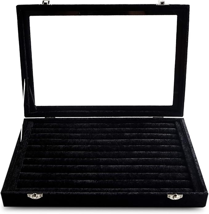 Frebeauty Rings/Earrings Organizer Tray with Clear Lid 10 Slots Velvet Drawer Insert Jewelry Storage box with Transparent Glass lid Jewelry Display Case Showcase Gift for Girls Women (Black, 10 Slots)