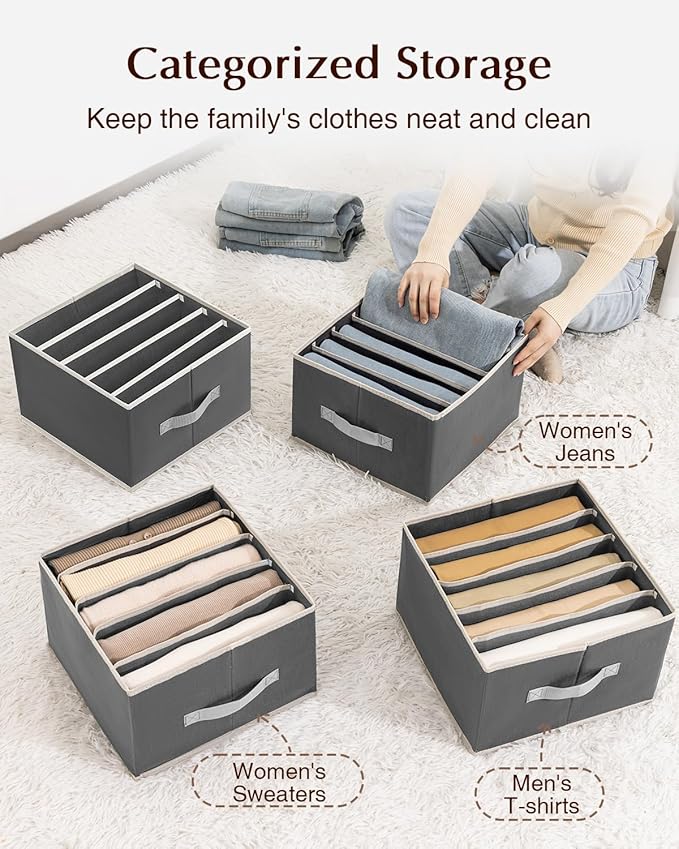 Clothes Organizers and Storage - Fabric Jeans Organizer with Handles, Foldable Drawer Dividers for Clothes, Closet Shelf Organizer for Shirts, Bra, Sweater, Scarf, 6 Pack, Dark Grey
