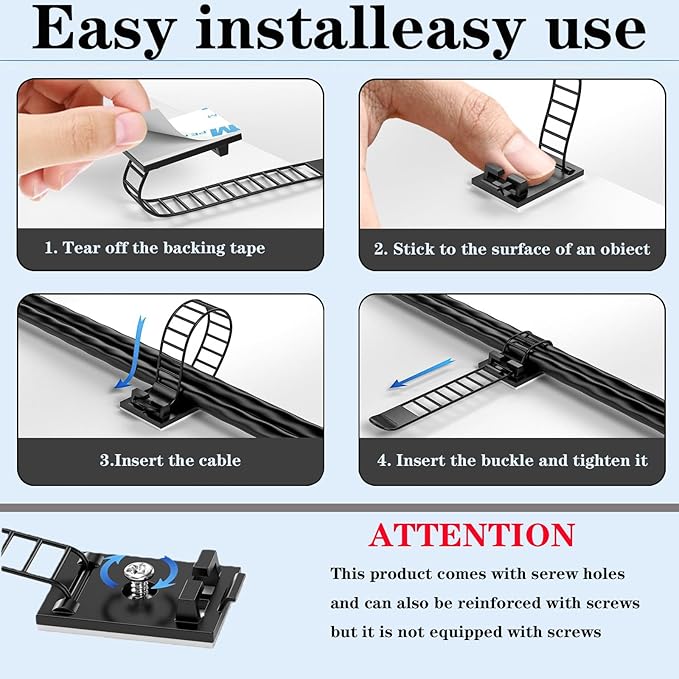 Adjustable 3M Adhesive Cable Management Clips 50Pcs, Large self Adhesive Cable Ties Clips ，Suitable for Cable Management Under desks and on Walls(Black)