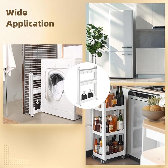 3 Tiers Slim Rolling Storage Cart, 3.5 Inches Slim Slide out Bathroom Organizer Cart, Tiered Storage Rack with Wheels, Narrow Mobile Utility Cart for Laundry Room, Kitchen, Office, Sturdy Room