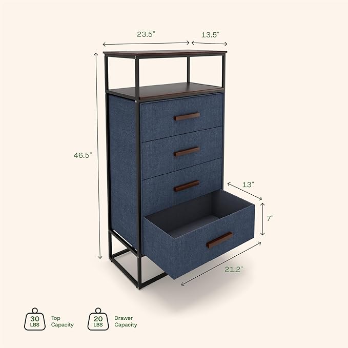 tinge Zana Premium Fabric Dresser - Strong Metal Frame, 4 Spacious Sag-Proof Drawers & Sturdy Wooden Top Shelf - Premium, Sleek & Durable Storage Solution for Your Home (Navy)