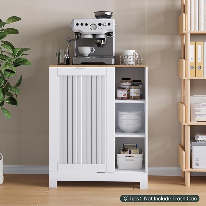 Tilt Out Laundry Hamper Cabinet with Louvered Door, Canvas Basket and 3 Open Side Shelves, Hidden Trash Can Cabinet, Ideal for Laundry, Kitchen, Bathroom, White