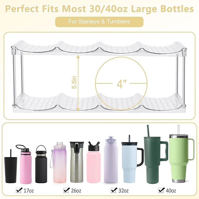 Water Bottle Organizer-Stackable Bottle Storage Rack, Water Bottle Holder for Cabinet Organization, Plastic Wine Racks/Drink Bottle Holder, 40oz Stanley Organizer for Kitchen Cabinets 4 Pack